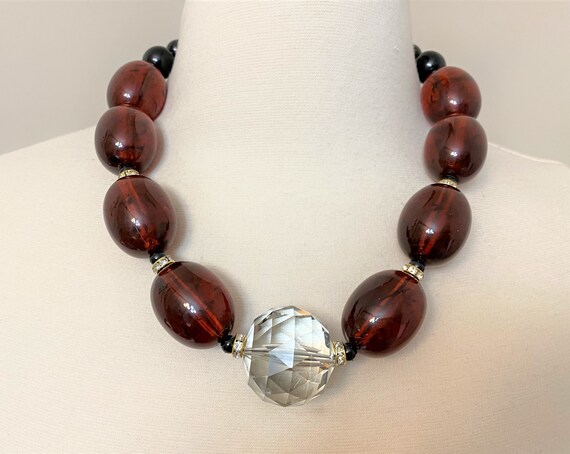 Large Crystal & Brown Oval Lucite Beads With Rhinestone Rondelles Necklace