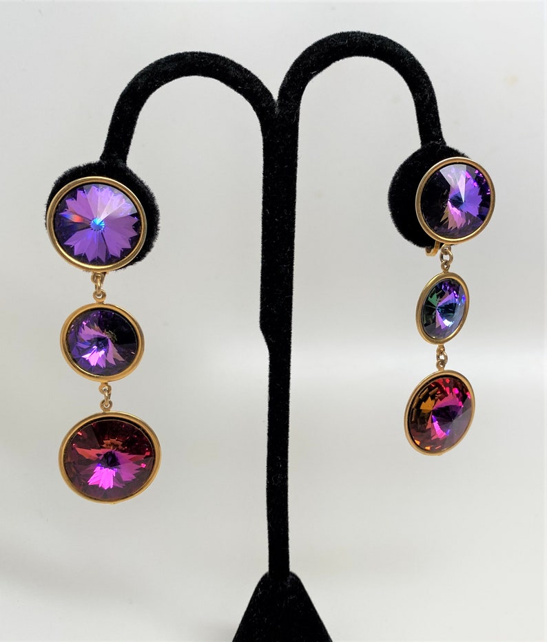 Vintage 80s Wendy Gell Purple /& Fuchsia Cut Crystal Clip On Earrings
