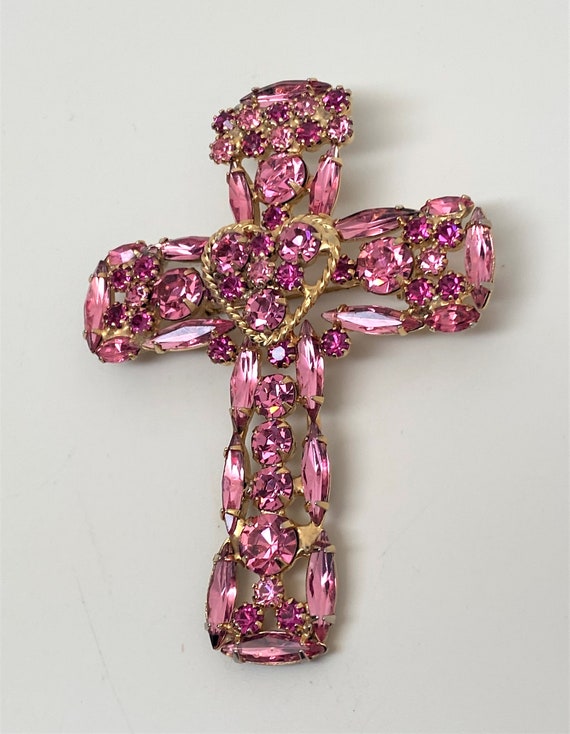 Stunning Vintage Large Pink Rhinestones Cross Bro… - image 1