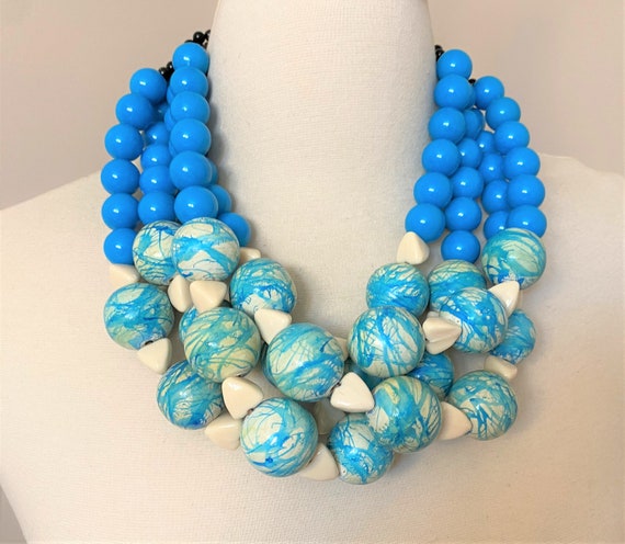 Gorgeous Blue, Off White & Turquoise Acrylic Beads Statement Necklace