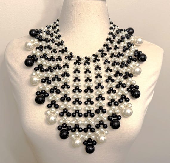 Gorgeous Black Resin & Faux Pearls Bib Statement Necklace