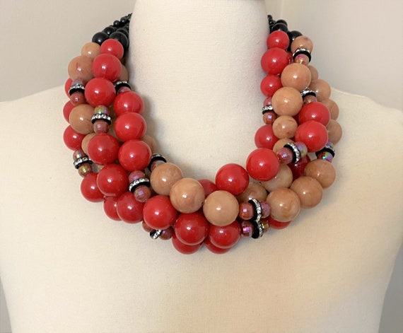 Multi Strand Red & Brown Acrylic W/ Rhinestones Necklace Angela Caputi Style