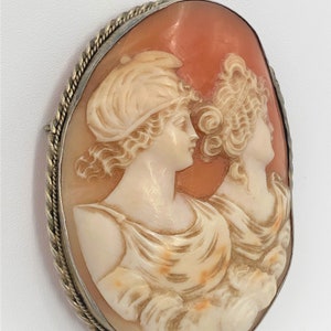 Antique Exceptional Details Large Victorian Sterling Cameo Two Ladies Brooch image 2