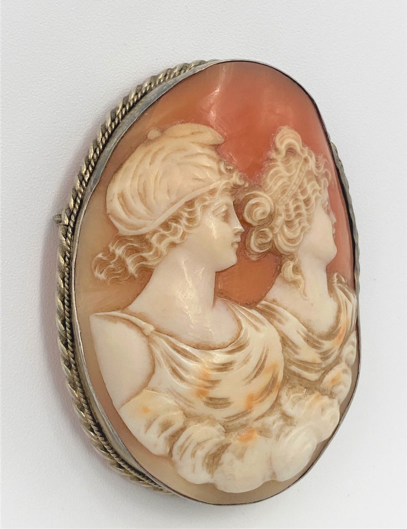 Antique Exceptional Details Large Victorian Sterling Cameo Two Ladies Brooch image 2