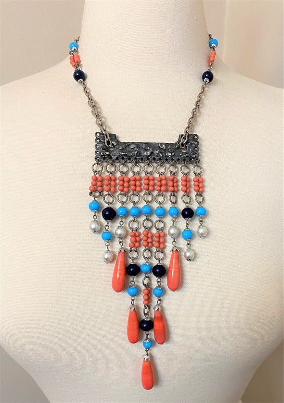 Vintage Coral, Turquoise Glass, Silver Tone & Pewter Fringe Brutalist Necklace