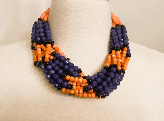 ANGELA CAPUTI Coral & Dark Blue Color Resin Multi Strand Necklace