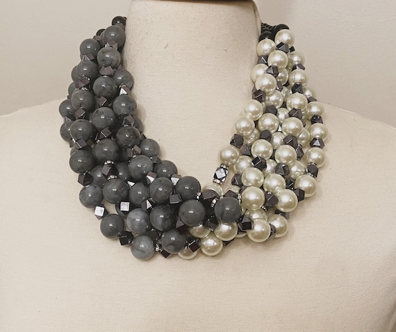 Gorgeous Gray Resin Beads & Faux Pearls Multi Strand Necklace