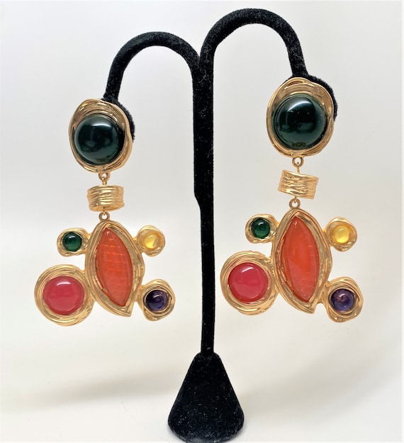Vibrant Orange, Purple & Green Glass Cabochon Gold Plated Clip on Long Earrings