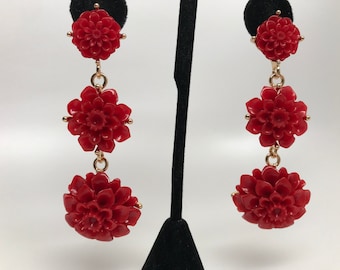 Stunning Kenneth Jay Lane Red Flowers Drop Earrings