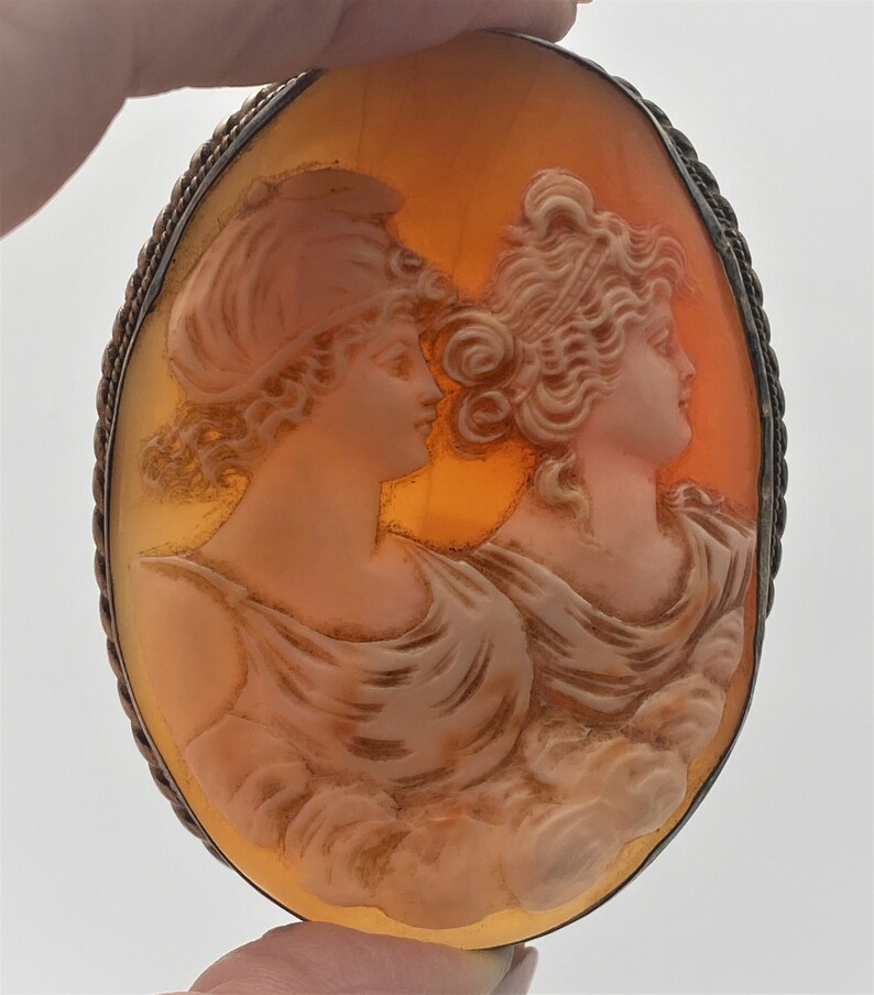 Antique Exceptional Details Large Victorian Sterling Cameo Two Ladies Brooch image 8