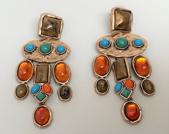 Stunning Gold Tone Multi Color Resin Cabochons Dangle Pierced Earrings