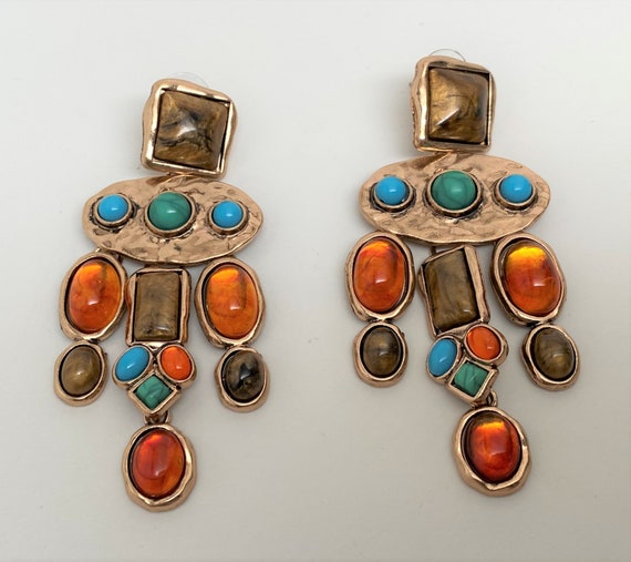 Stunning Gold Tone Multi Color Resin Cabochons Dangle Pierced Earrings