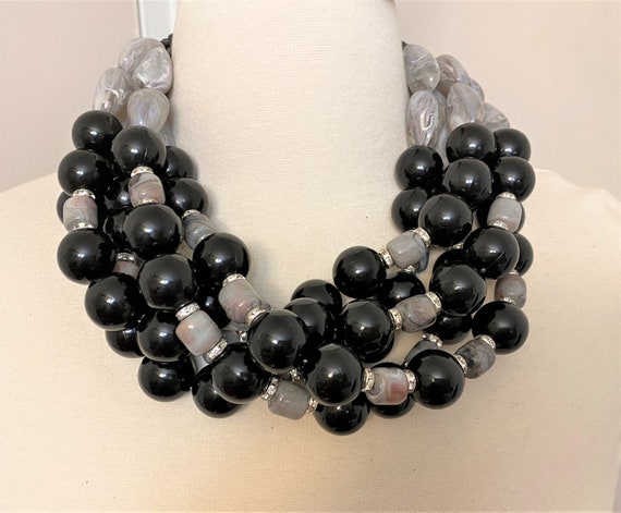Acrylic Black Beads, Gray Marbleize & Rhinestone Necklace Angela Caputi Style