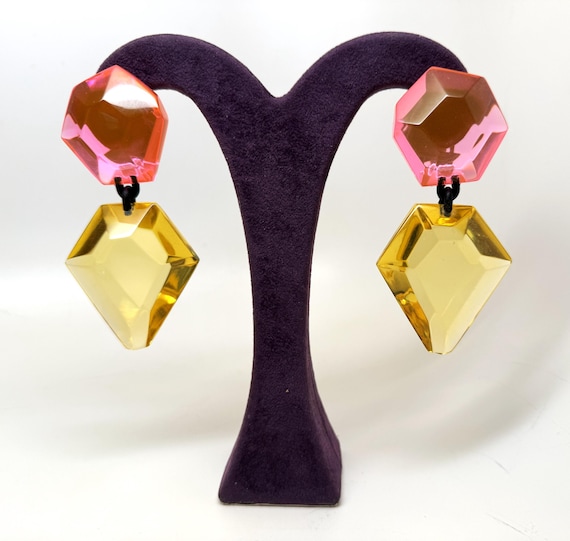 Designer Gerda Lynggaard-Monies Neon Pink & Yellow Lucite Large Earrings