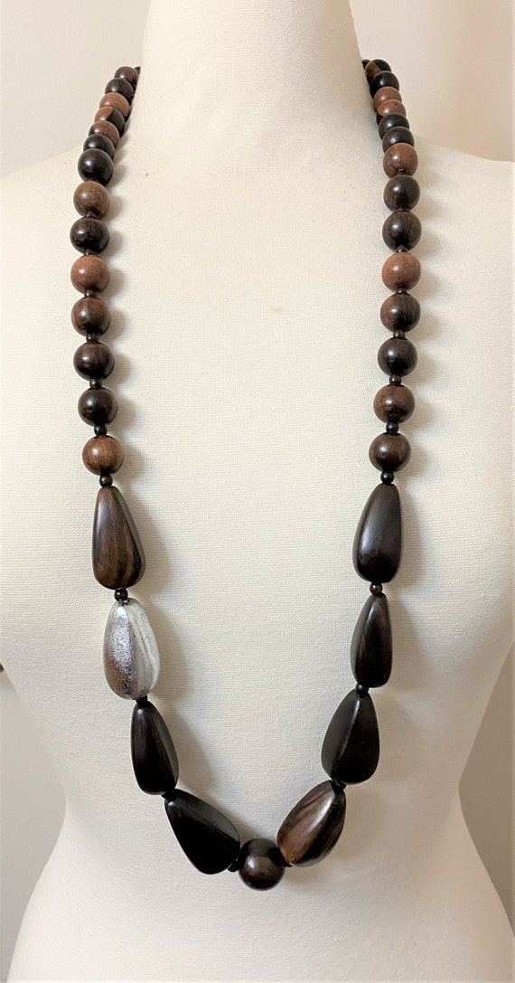 Stunning Vintage Statement African Wood & Silver Foil Long Necklace