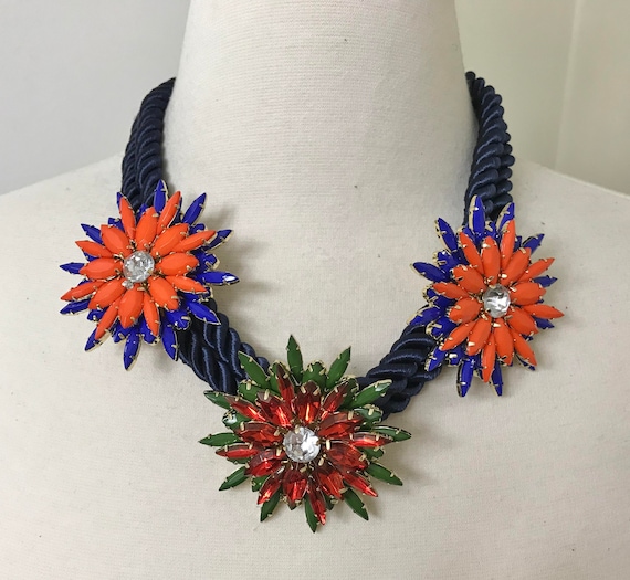 Stunning Blue Silk Rope & Rhinestone Flowers Statement Necklace