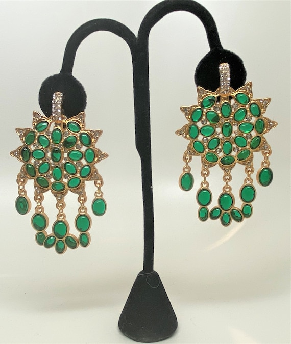 Large Green Glass Cabochons & Rhinestones Gold Plated Signed Clip Earrings