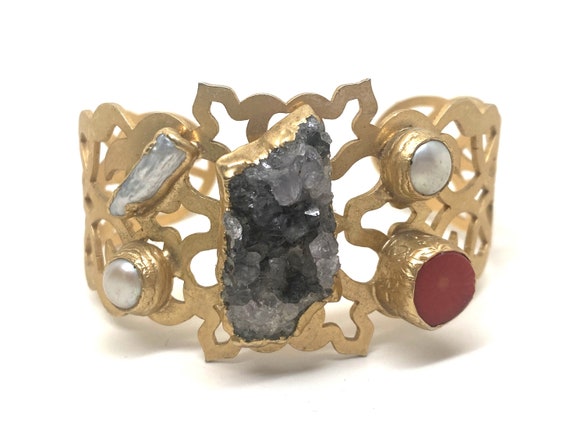 Gorgeous Satin Gold Tone Faux Pearl, Coral & Gray Quartz Cuff Bracelet