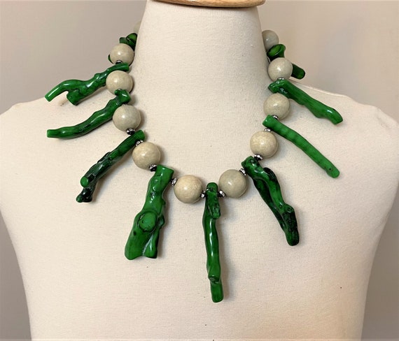 Gorgeous Resin Beads & Green Coral With Rhinestone Rondelles Necklace
