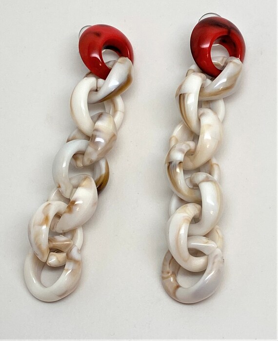 Gorgeous Red & Cream Color Acrylic Chain Long Pierced… - Gem