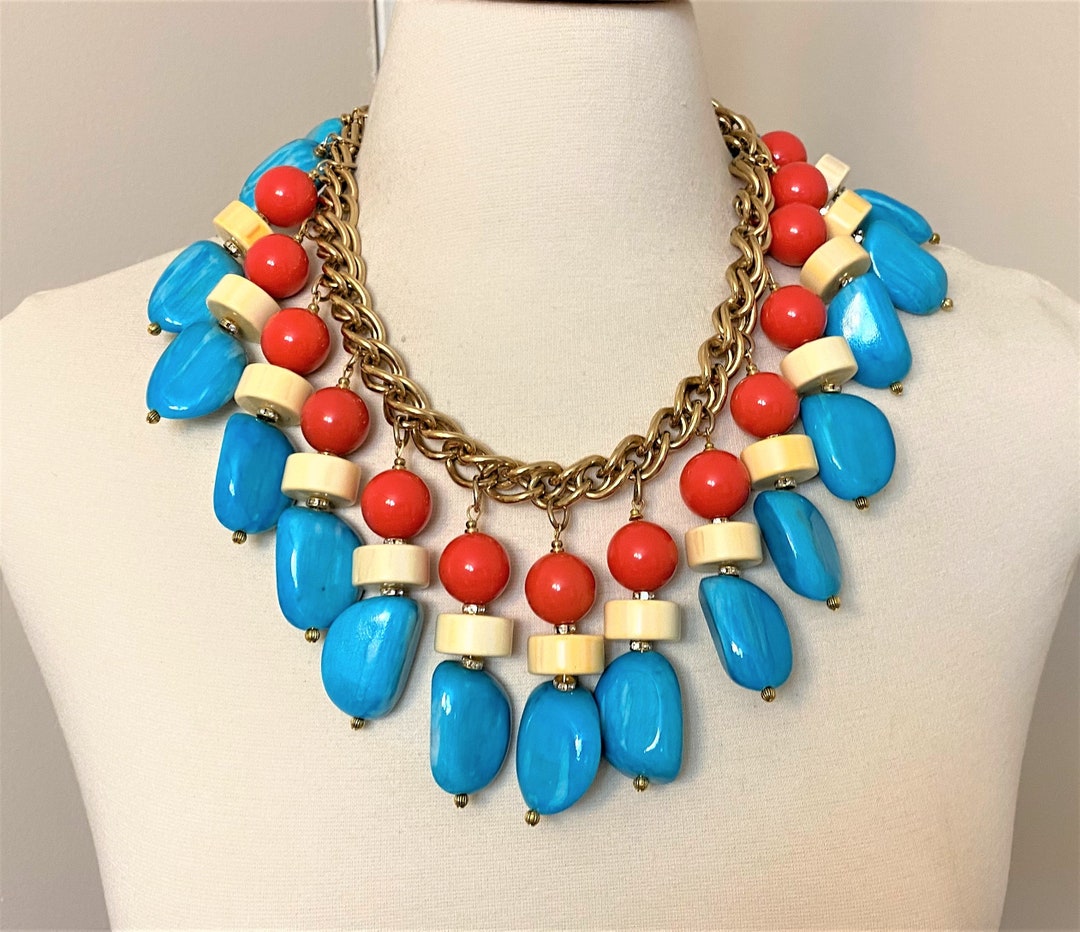 Vintage Gold Tone Chain Red Blue & off White Resin Egyptian - Etsy