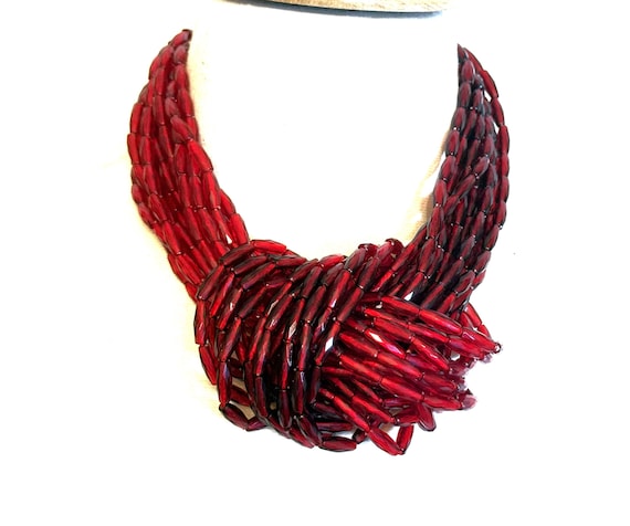 ANGELA CAPUTI Two Tone of Red Acrylic Beads Multi Strand Knott Necklace