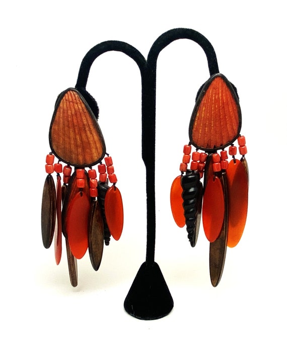 Stunning Gerda Lynggaard-Monies Wood, Carved Coral & Horn Statement Earrings 5"