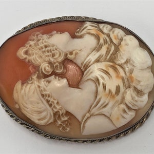 Antique Exceptional Details Large Victorian Sterling Cameo Two Ladies Brooch image 7