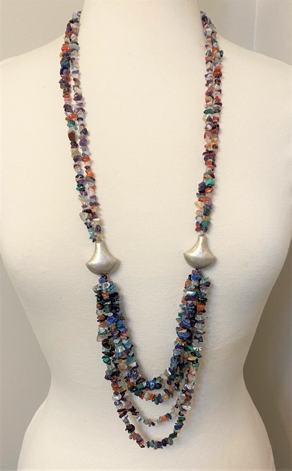 Vintage Crystal & Semi Precious Stones Chipped Beads Long Multi Strand Necklace