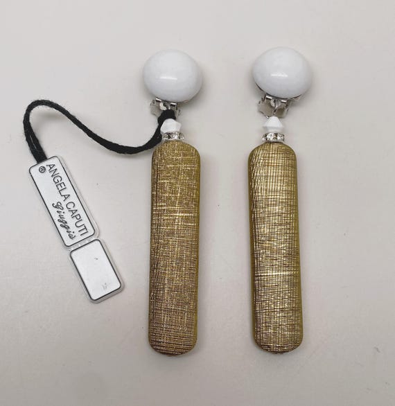 Angela Caputi Gorgeous White, Textured Gold Color Resin Clip On Dangle Earrings