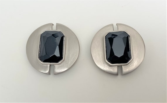 Vintage Satin Silver Tone, Jet Black Faceted Stone Clip On Large Earrings