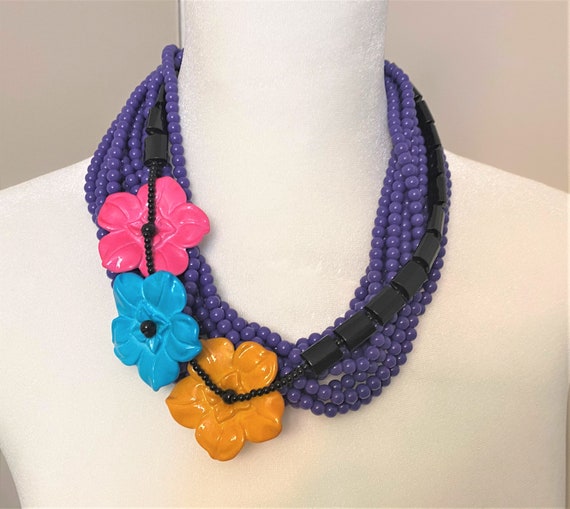 Exquisite Angela Caputi Multi Strands Purple & Black Beads With Flowers Necklace