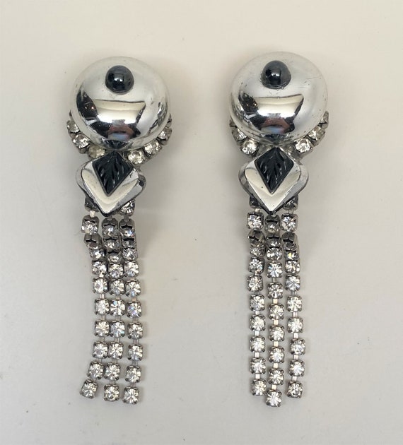 Vintage Art Deco Silver Tone, Rhinestone & Black Resin Clip on Dangle Earrings