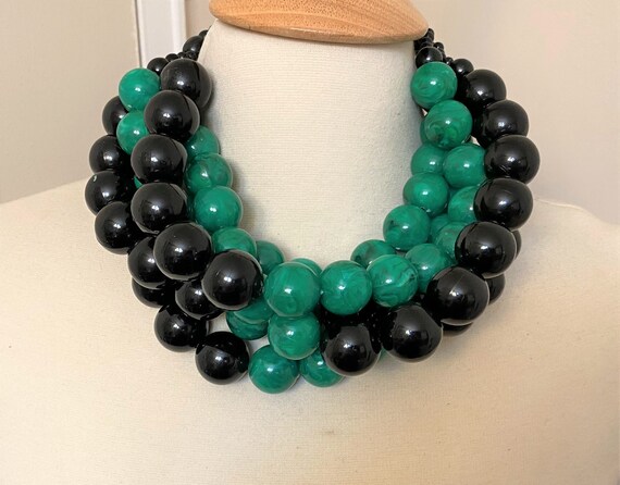 Gorgeous Multi Strand Black & Green Resin Beads Necklace Angela Caputi Style
