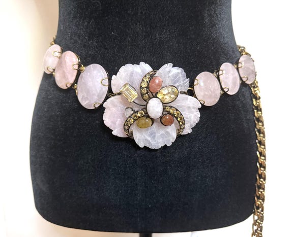 Rare Iradj Moini Carved Rose Quartz Adjustable Chain Belt / Brooch