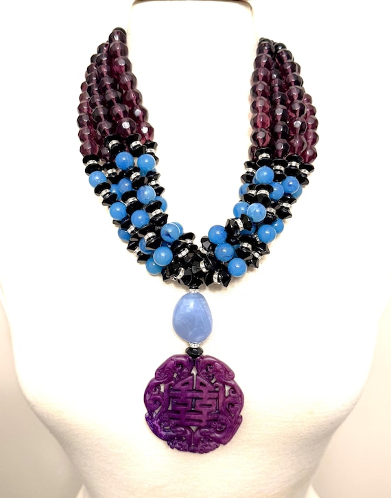 Exquisite Amethyst & Blue Color Resin Beads, Carved Purple Dye Jade Necklace