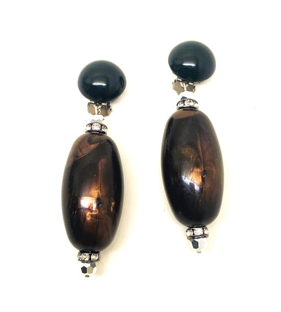 Italian Designer Angela Caputi Brown Swirls Resin, with Rhinestone Rondelles Clip On Earrings