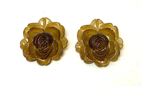 Vintage Acrylic Yellowish Brown Color Acrylic Flower Clip on Large Earrings