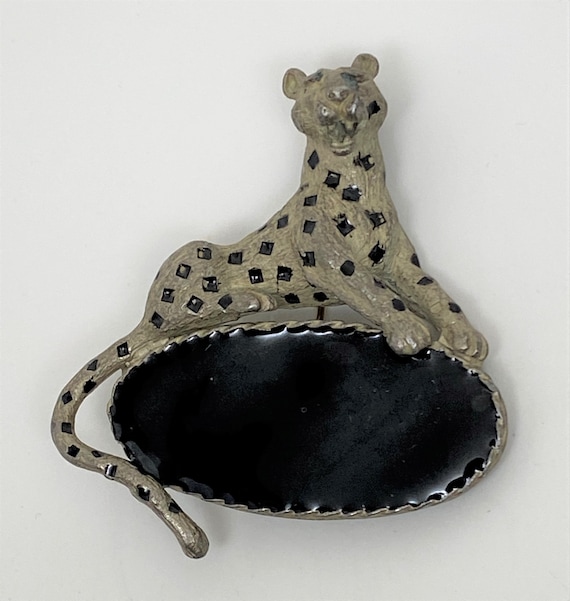 Vintage Pewter & Black Enamel Panther, Tiger Pin Brooch