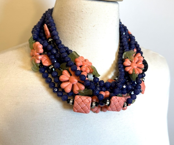 Gorgeous ANGELA CAPUTI Blue & Coral Color Resin Flowers Beads Necklace