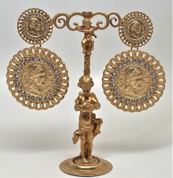 Stunning Large Gold Plated & Crystal Rhinestones Roman Coin Signed Earrings