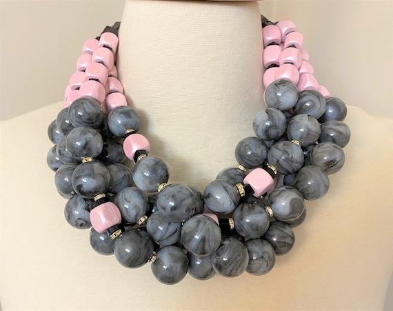 Multi Strand Gray Acrylic & Pink Beads, Rhinestone Necklace Angela Caputi Style