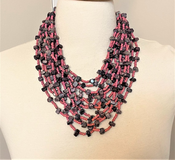 Stunning Designer Monies Style Pink & Gray Dramatic Multi Strand Necklace