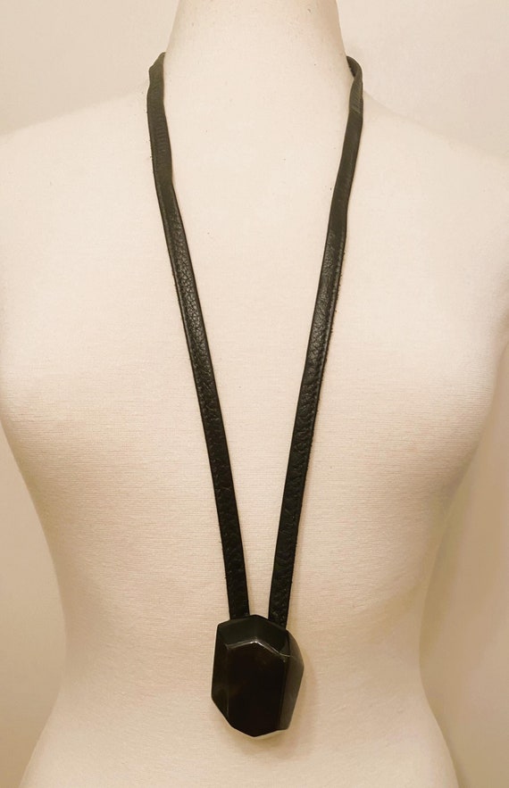 Gerda Lynggaard Monies Signed Leather, Gray Acrylic Pendant Necklace