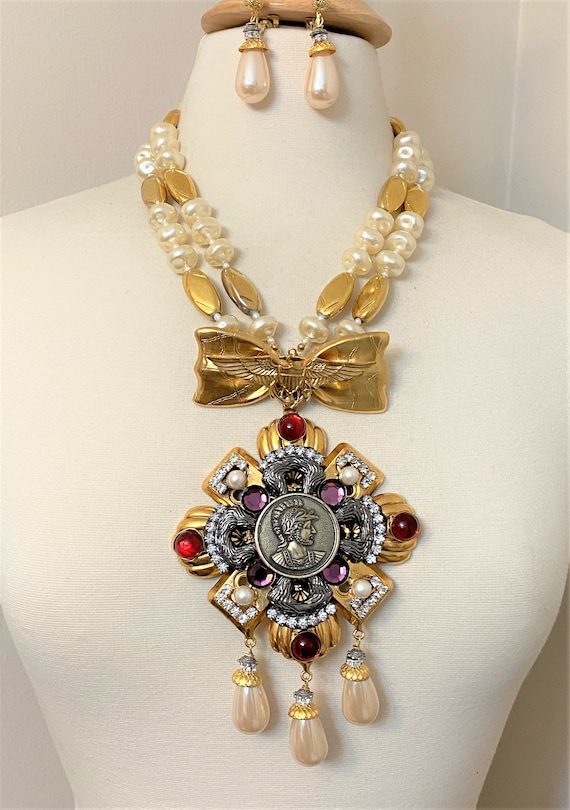 Lawrence Vrba Pearl, Roman Soldier Necklace with Integrated Brooch & Earrings