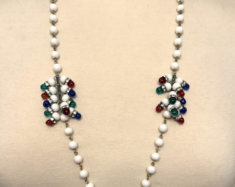 Gorgeous Vintage White, Red, Blue & Green Glass Strand Necklace