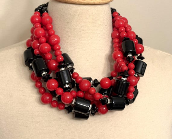 Gorgeous Red & Black Color Resin Beads, Rhinestones Multi Strand Necklace