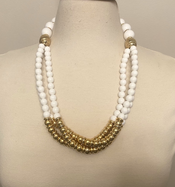 Vintage White & Gold Resin Beads 3 Strand Necklace