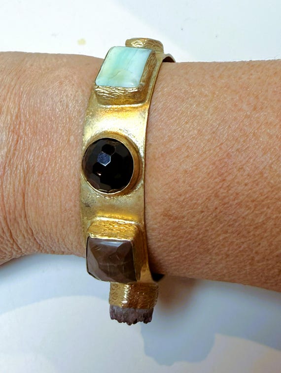 Gorgeous Gold Tone Amethyst, Mother of Pearl & other Stones Bangle Bracelet
