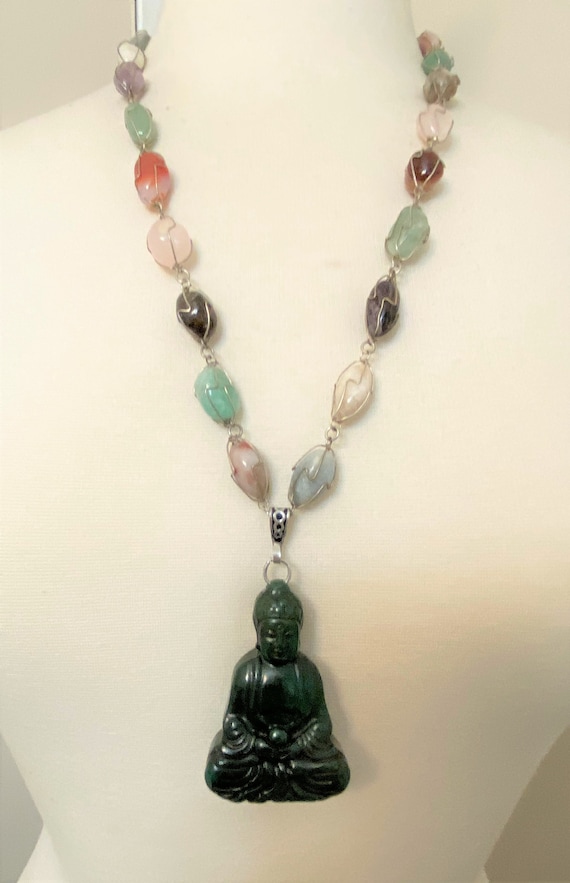 Vintage Multi Semi Precious Stones With Jade Buddha Pendant Necklace